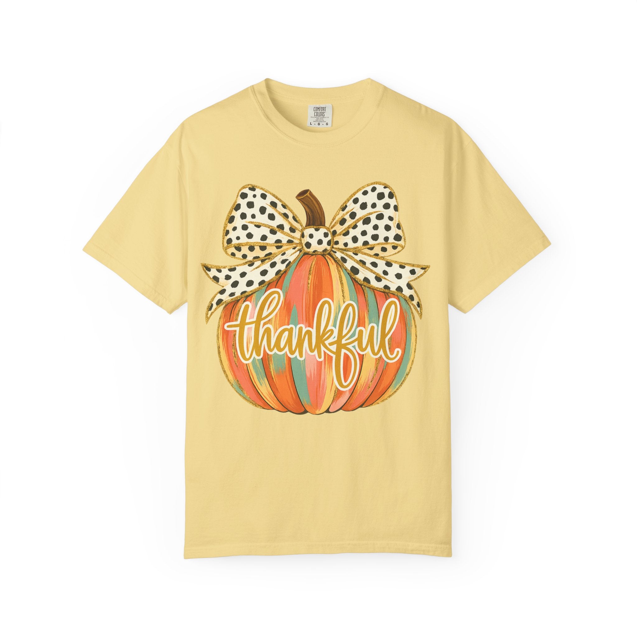 Thankful Pumpkin Shirt – Colorful Fall Tee with Leopard Bow & Glitter Detail | Coquette Thanksgiving Graphic T-Shirt