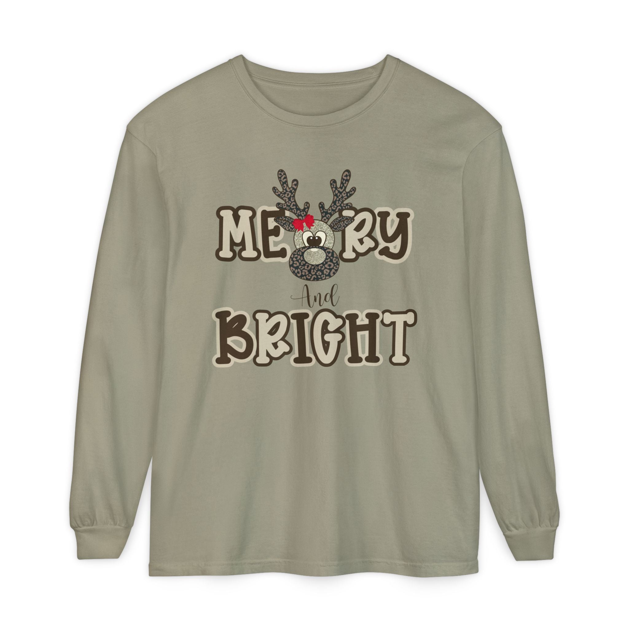 Merry & Bright Reindeer Long Sleeve – Comfort Colors® Cheetah Print Christmas Shirt for Women
