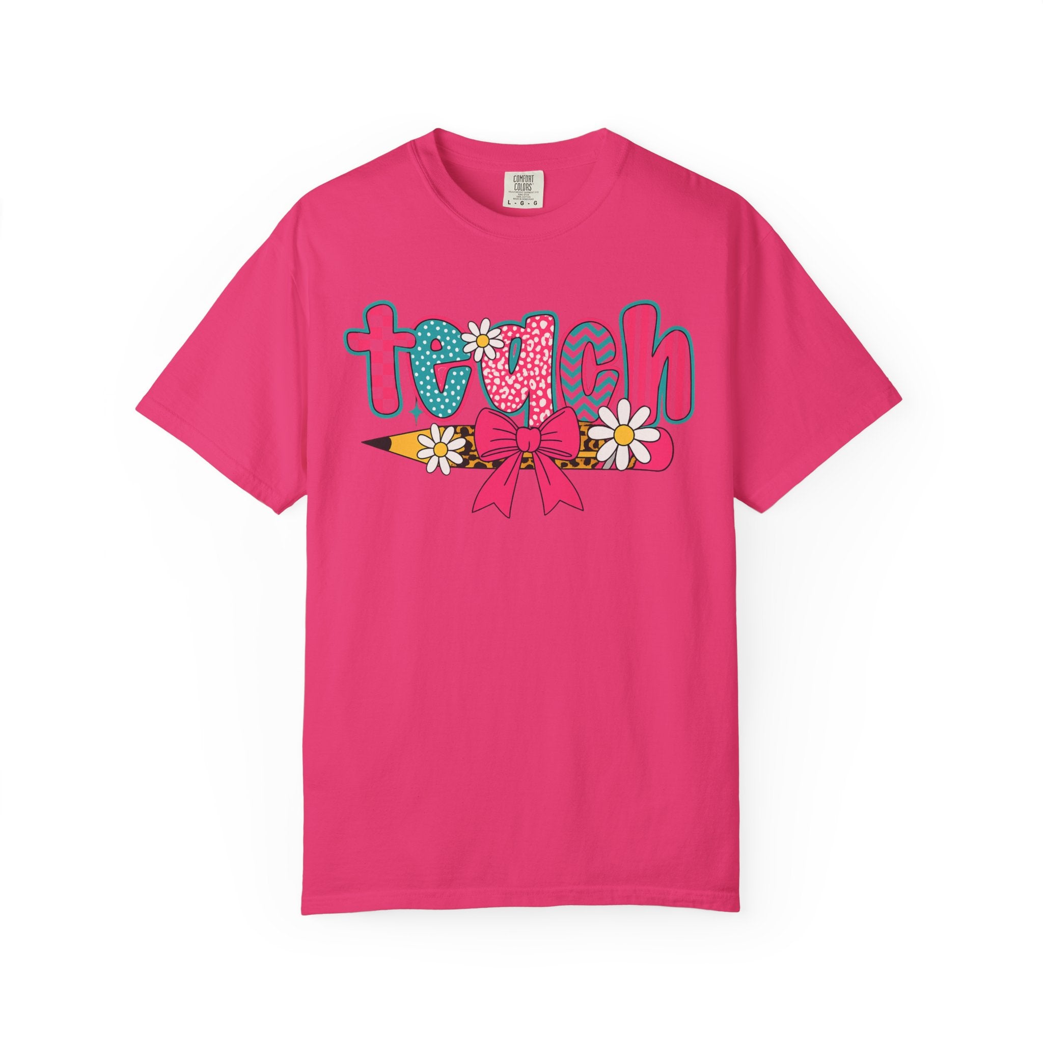 Retro Teacher T-Shirt | Colorful Teach Graphic Tee with Bow & Daisies | Cute Teacher Gift