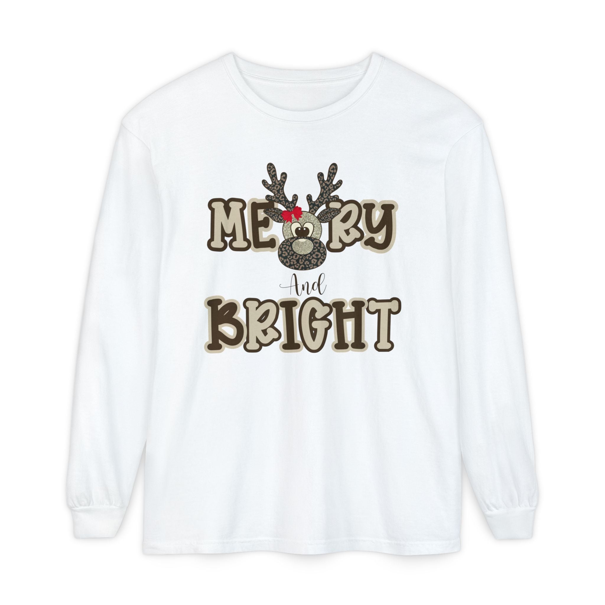Merry & Bright Reindeer Long Sleeve – Comfort Colors® Cheetah Print Christmas Shirt for Women
