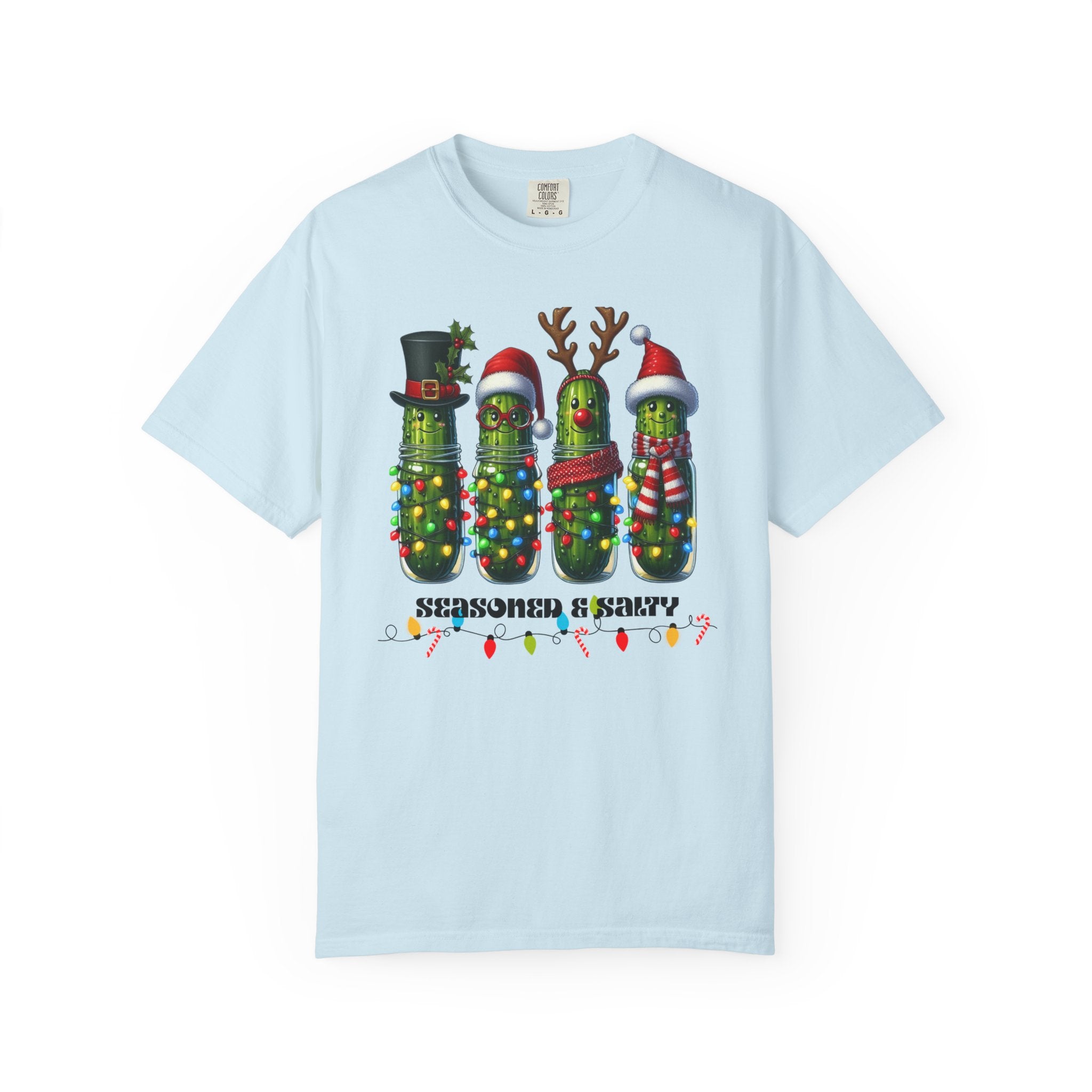 Seasoned & Salty Christmas Pickle T-Shirt | Funny Holiday Shirt, Cute Christmas Tee, Festive Graphic Top, Quirky Gift for Her or Him