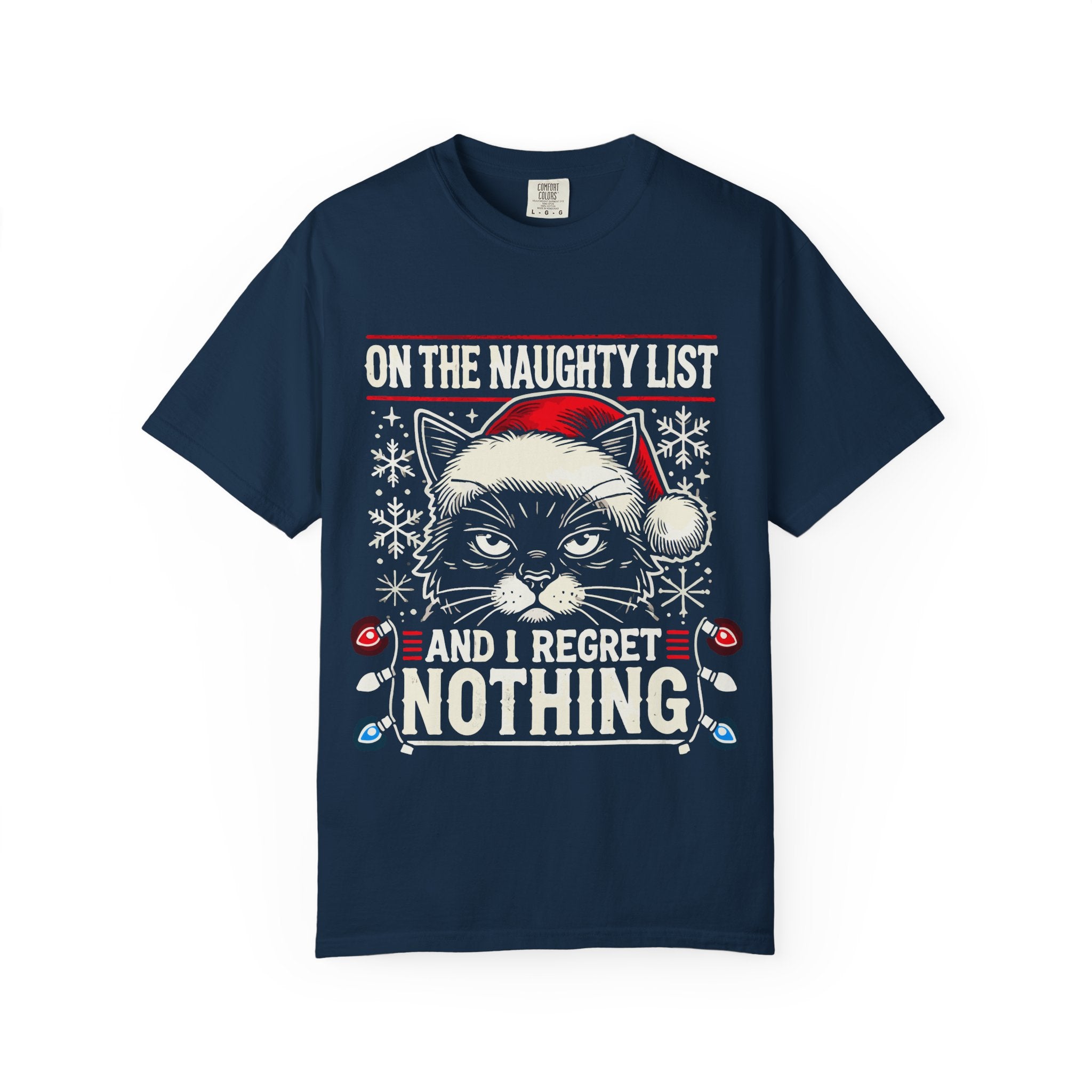Funny Naughty Cat Christmas Shirt – "I Regret Nothing" Tee