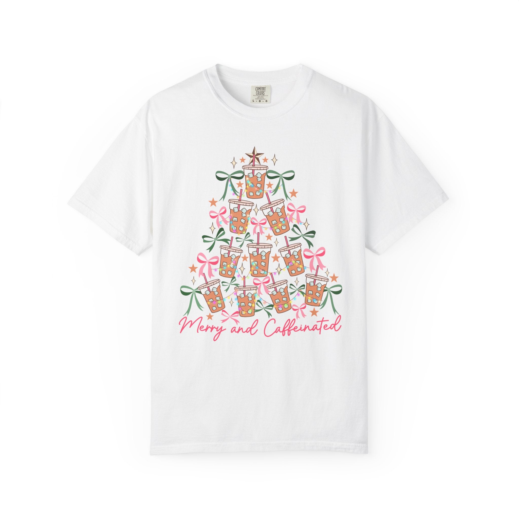Merry and Caffeinated Shirt – Iced Coffee Christmas Tree Tee, Funny Holiday Shirt for Coffee Lovers, Festive Barista Gift