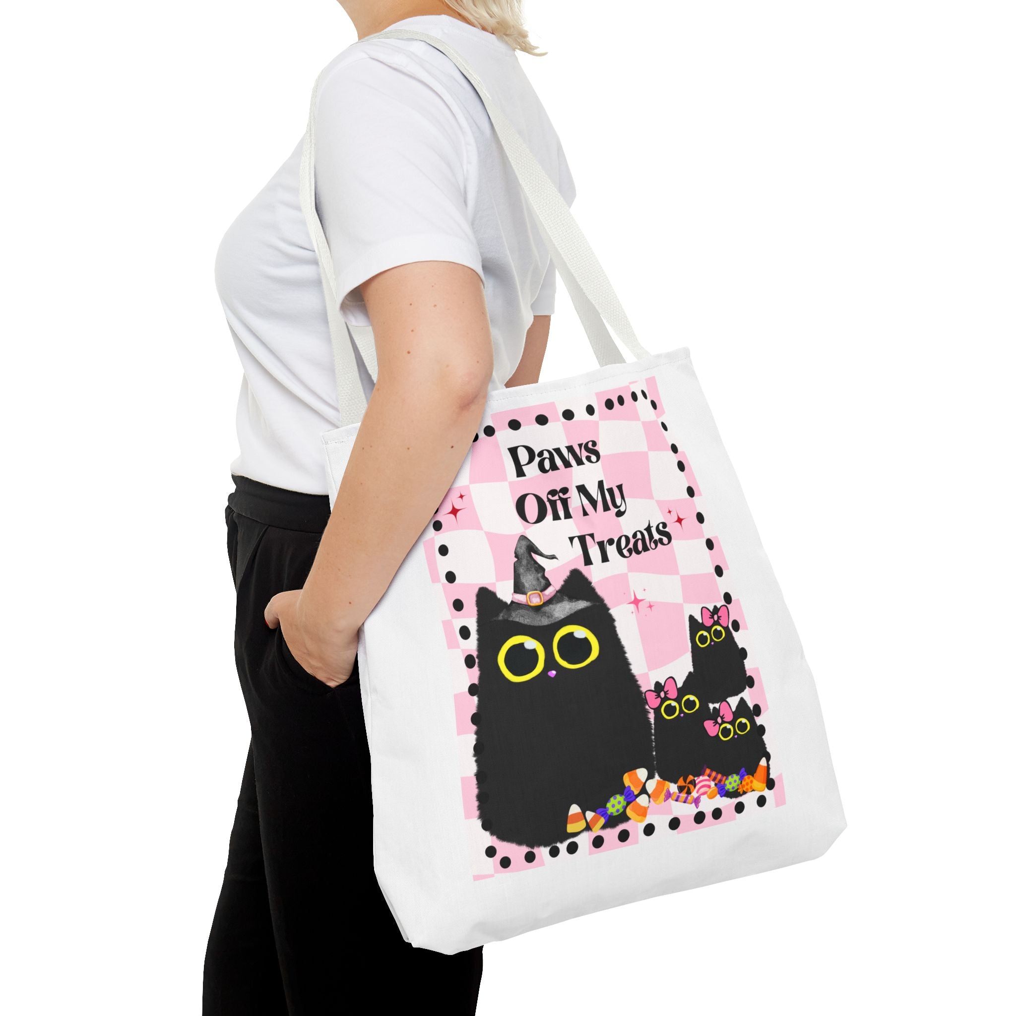 Paws Off My Treats Halloween Tote Bag | Cute Black Cat Candy Trick-or-Treat Canvas Bag