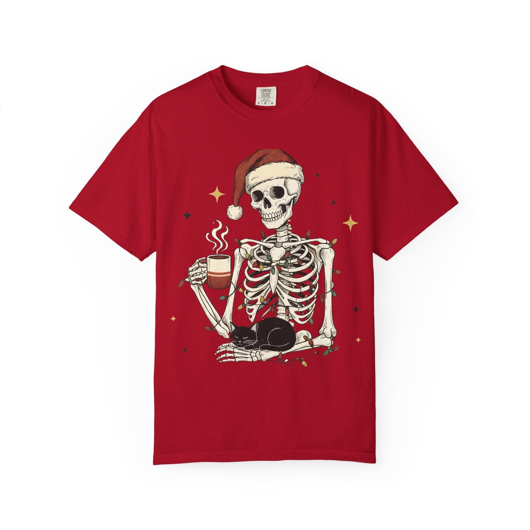 Skeleton Christmas Shirt – Spooky Holiday Shirt with Santa Hat, Coffee, Black Cat & Lights | Funny Cozy Gothic Christmas Tee