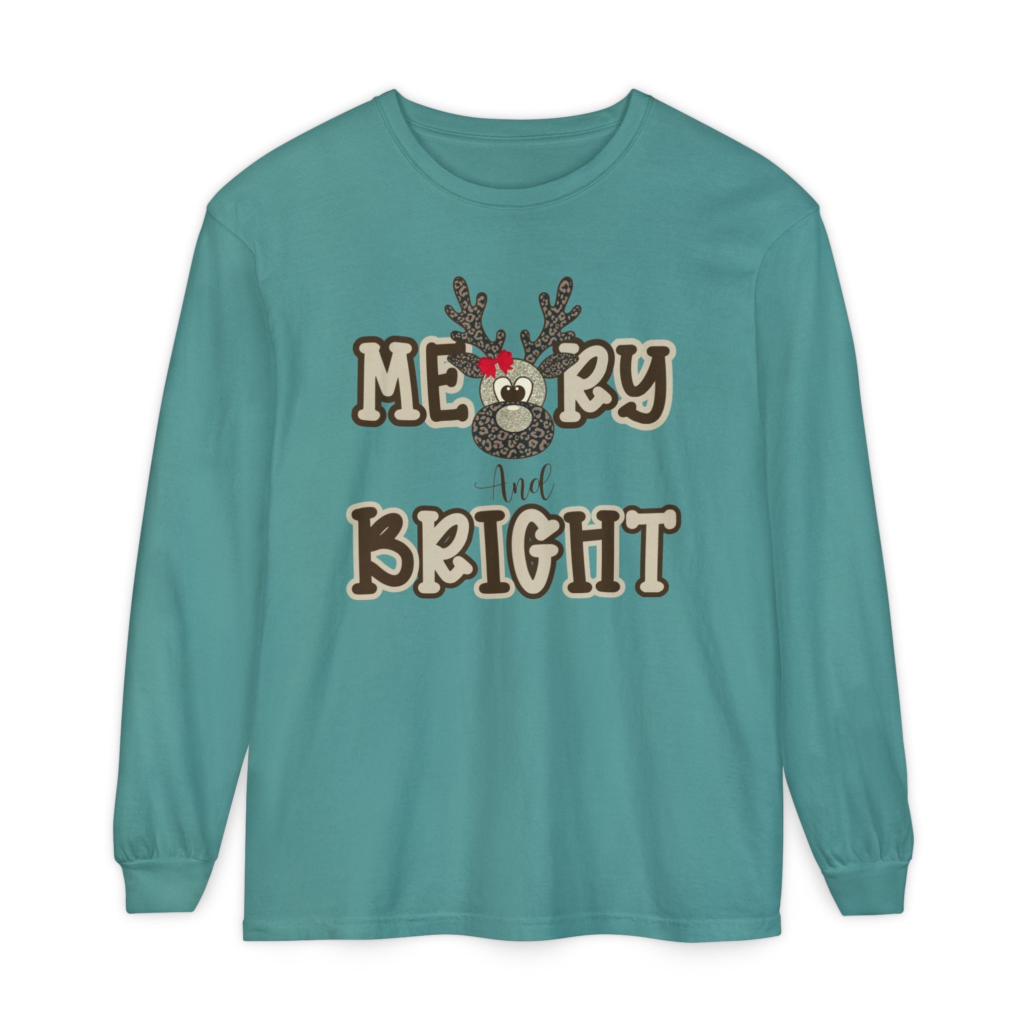 Merry & Bright Reindeer Long Sleeve – Comfort Colors® Cheetah Print Christmas Shirt for Women