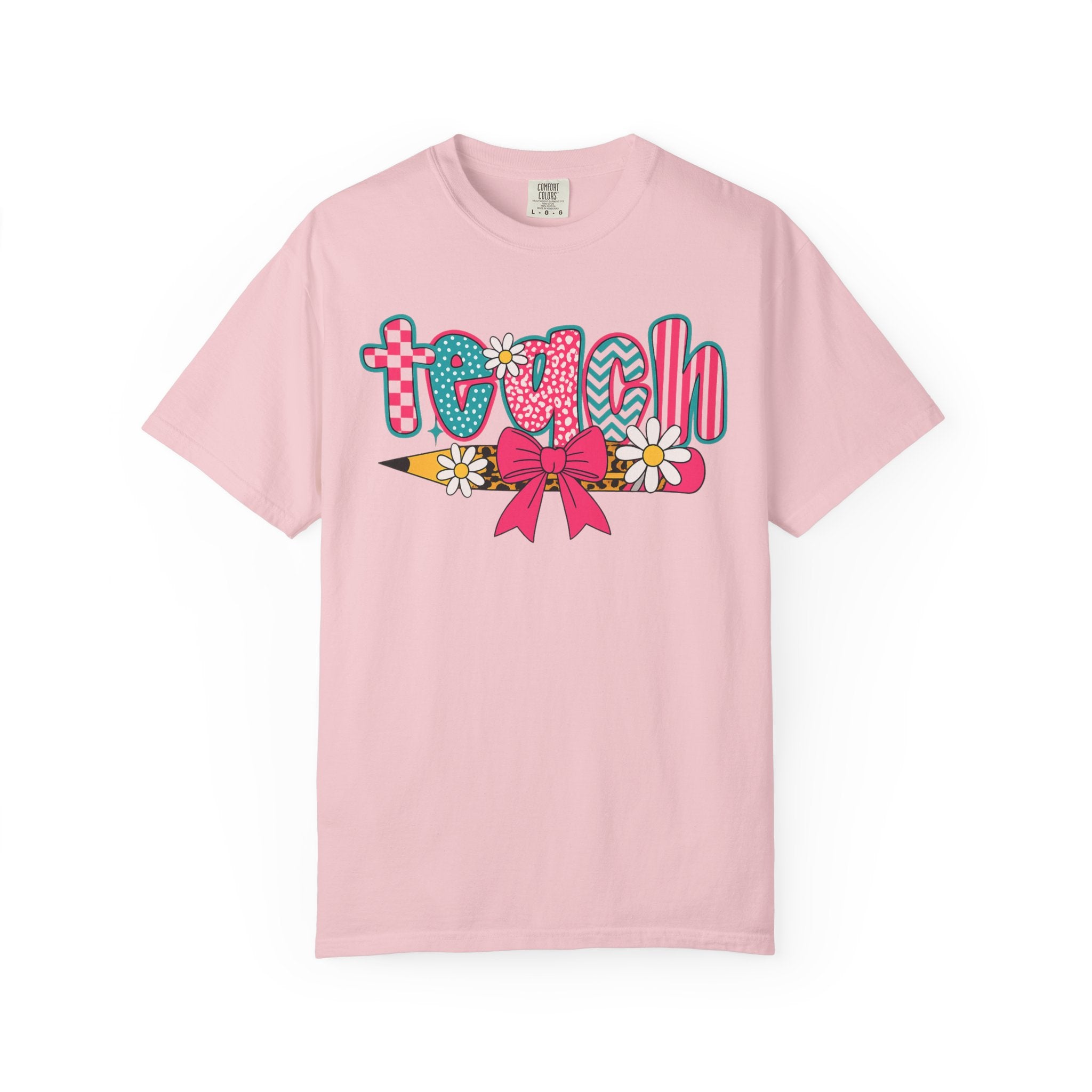Retro Teacher T-Shirt | Colorful Teach Graphic Tee with Bow & Daisies | Cute Teacher Gift