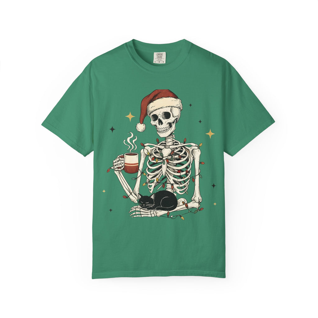Skeleton Christmas Shirt – Spooky Holiday Shirt with Santa Hat, Coffee, Black Cat & Lights | Funny Cozy Gothic Christmas Tee