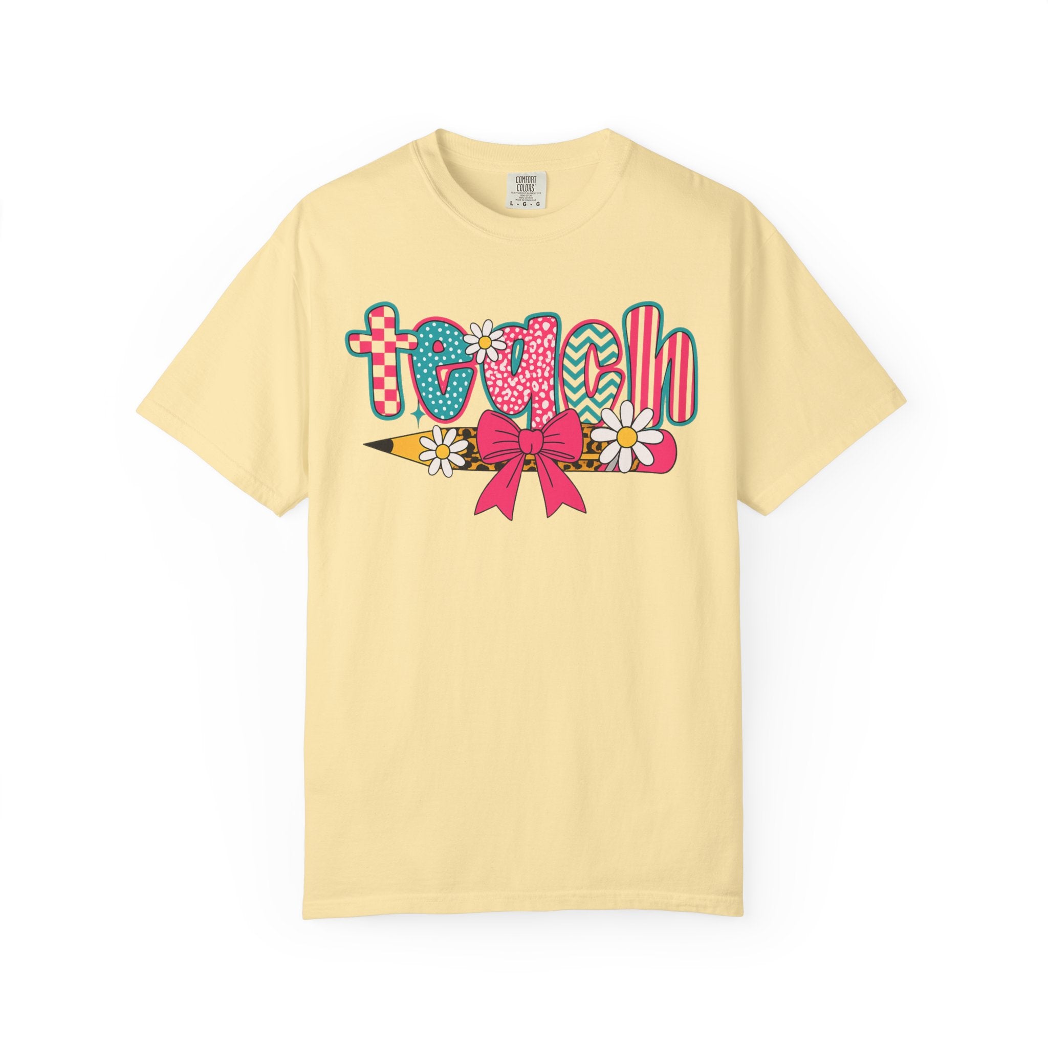 Retro Teacher T-Shirt | Colorful Teach Graphic Tee with Bow & Daisies | Cute Teacher Gift