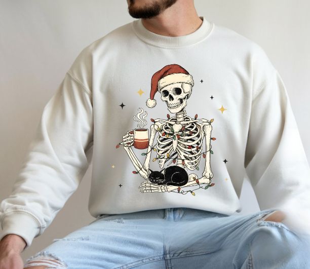Skeleton Christmas Shirt – Spooky Holiday Shirt with Santa Hat, Coffee, Black Cat & Lights | Funny Cozy Gothic Christmas Tee