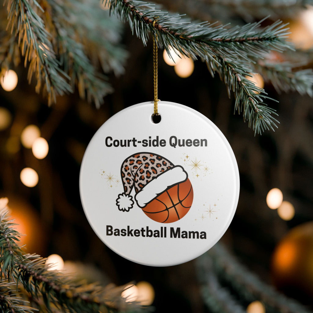 Court Side Queen | Basketball Mom Christmas Ornament 🎄🏀 Leopard Santa Hat Sports Holiday Decor