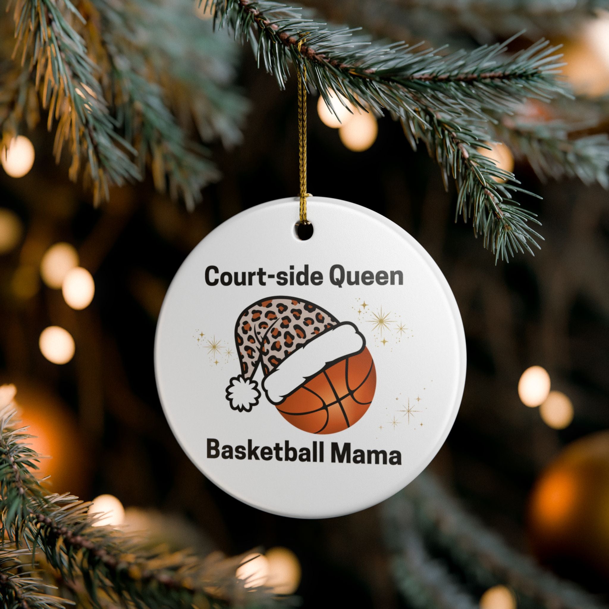 Court Side Queen | Basketball Mom Christmas Ornament 🎄🏀 Leopard Santa Hat Sports Holiday Decor