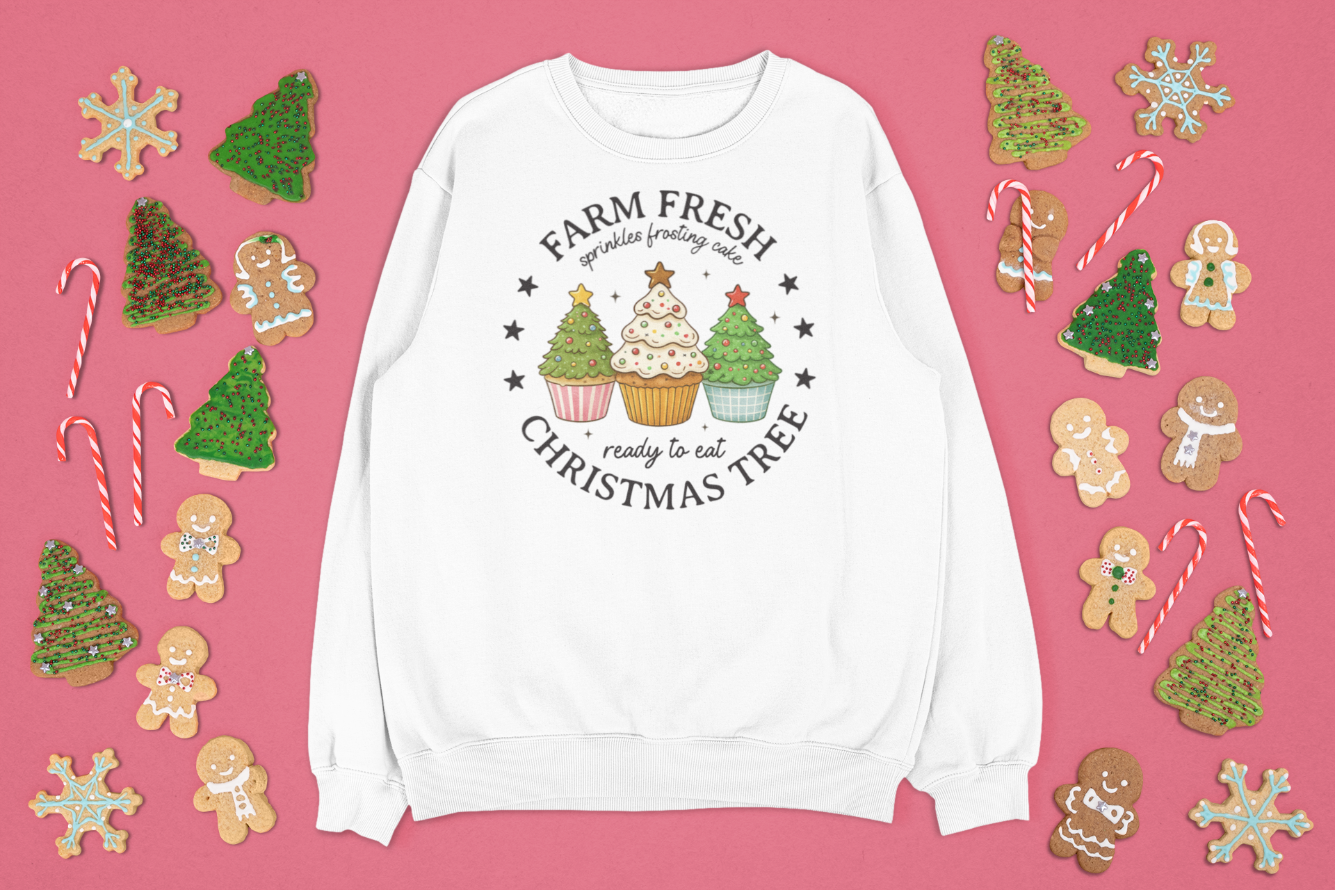 Farm Fresh Christmas Tree Cupcake Sweatshirt – Holiday Baking Graphic Pullover for Women