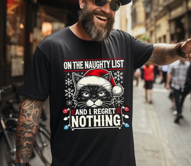 Funny Naughty Cat Christmas Shirt – "I Regret Nothing" Tee