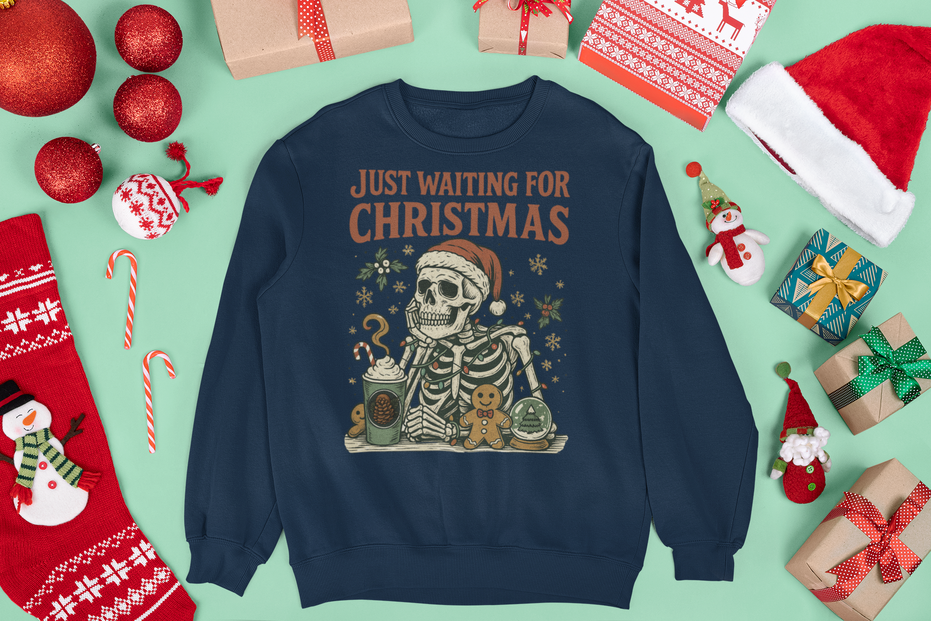 Just Waiting for Christmas Sweatshirt | Funny Skeleton Holiday Crewneck | Cozy Unisex Christmas Sweater