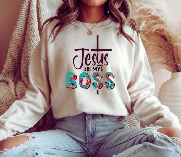 Jesus Is My Boss Sweatshirt Christian Floral Faith Crewneck for Women