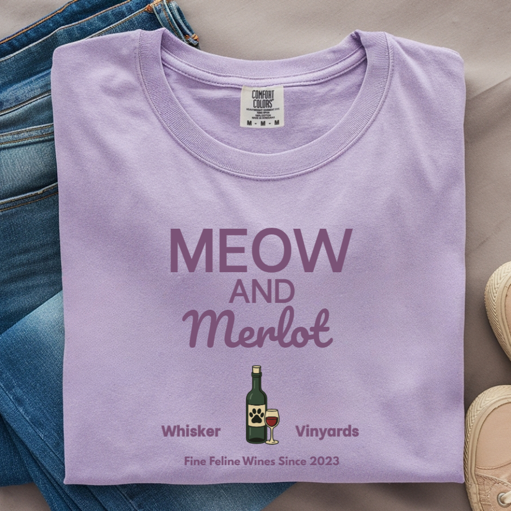 Meow and Merlot Comfort Colors Tee – Cat & Wine Lover Shirt
