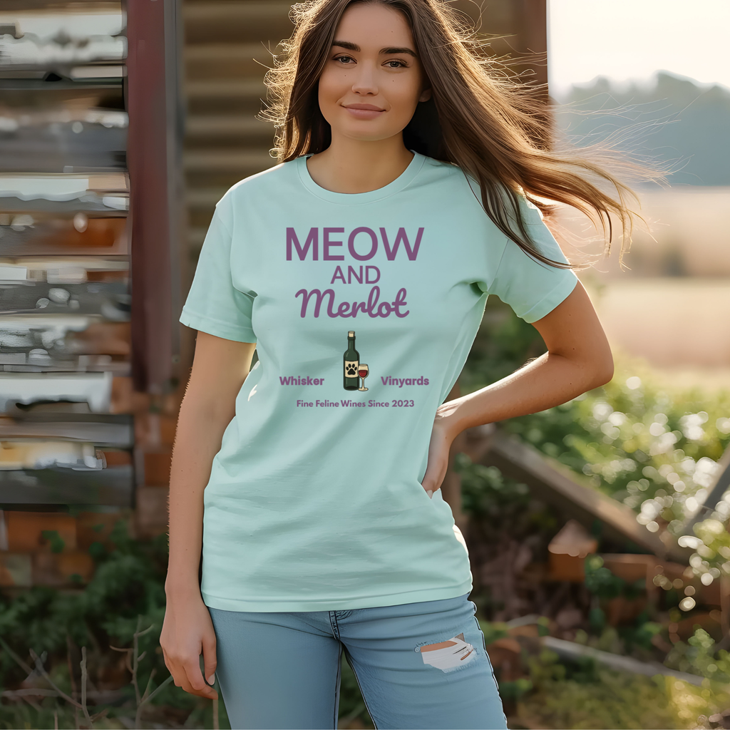 Meow and Merlot Comfort Colors Tee – Cat & Wine Lover Shirt