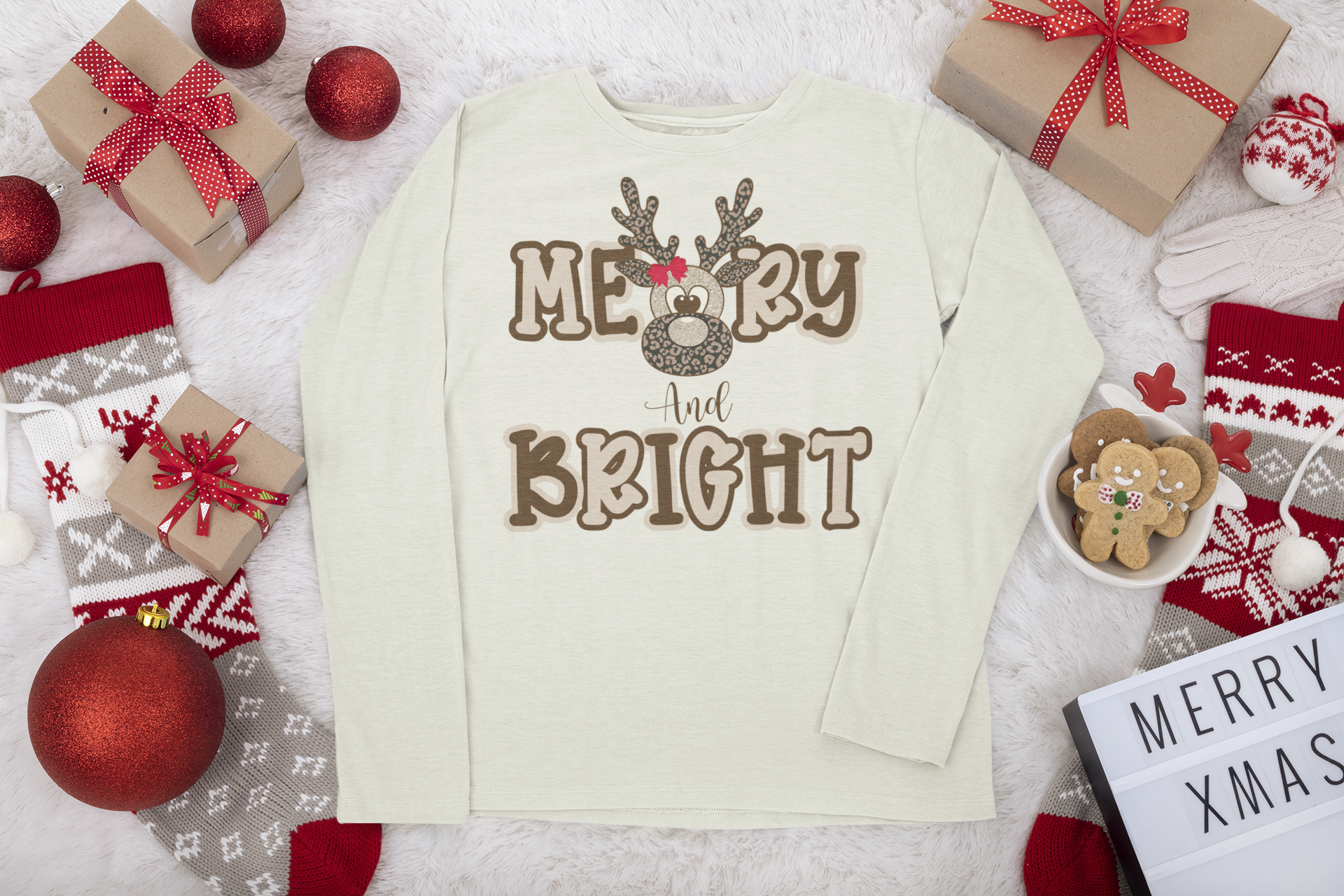 Merry & Bright Reindeer Long Sleeve – Comfort Colors® Cheetah Print Christmas Shirt for Women