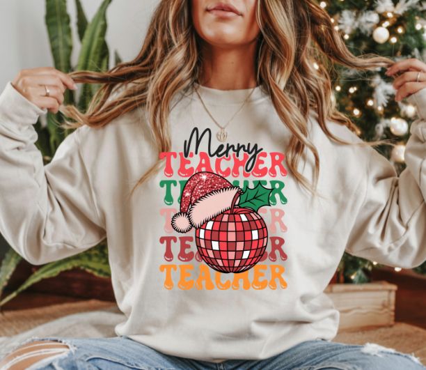 Merry Teacher Christmas Shirt | Retro Disco Apple Design for Educators