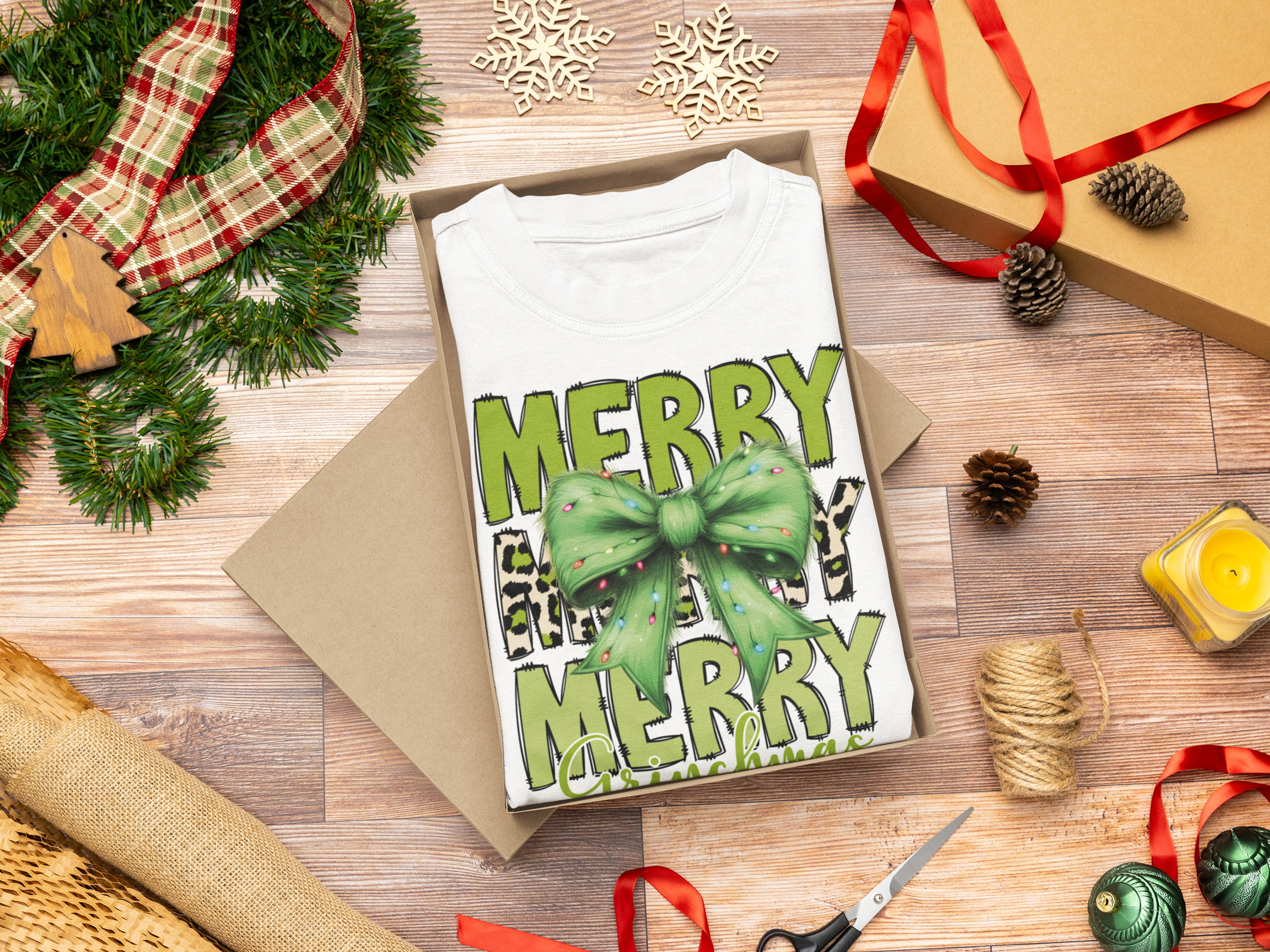 Merry Merry Grinchmas Shirt – Funny Christmas Tee with Leopard Bow