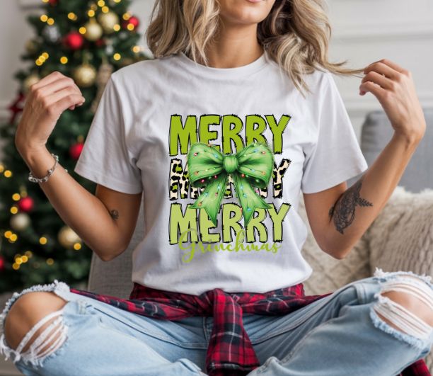 Merry Merry Grinchmas Shirt – Funny Christmas Tee with Leopard Bow
