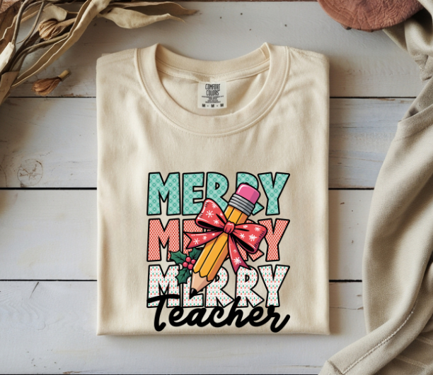 Merry Merry Merry Teacher Christmas Shirt – Cute Holiday Graphic Tee for Educators