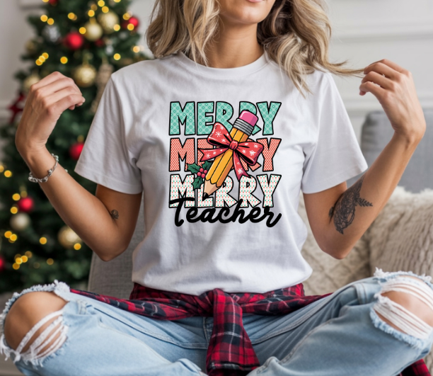 Merry Merry Merry Teacher Christmas Shirt – Cute Holiday Graphic Tee for Educators