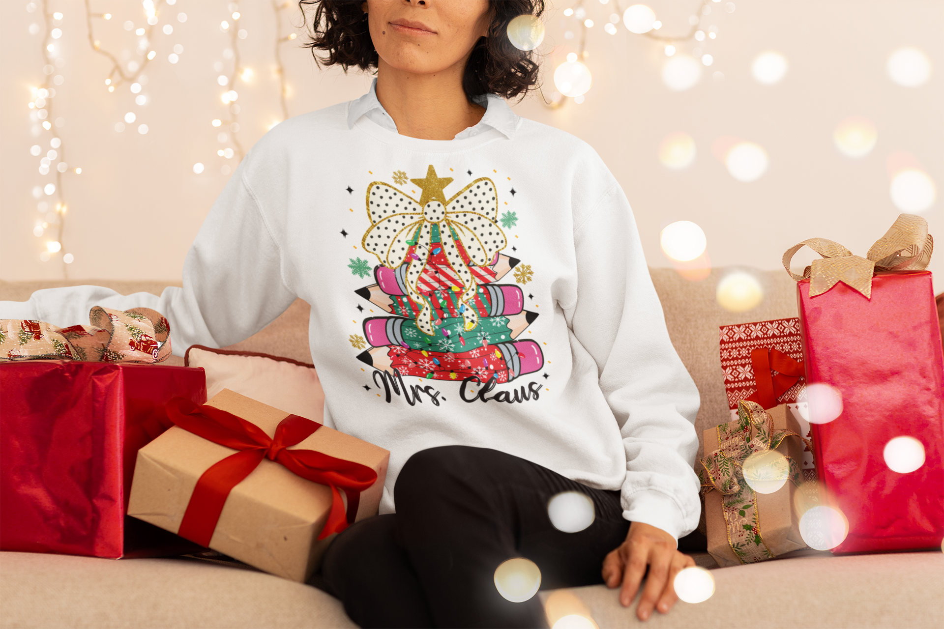 Mrs. Claus Teacher Sweatshirt, Cute Christmas Pencil Tree Design, Holiday Teacher Gift, Festive Classroom Pullover