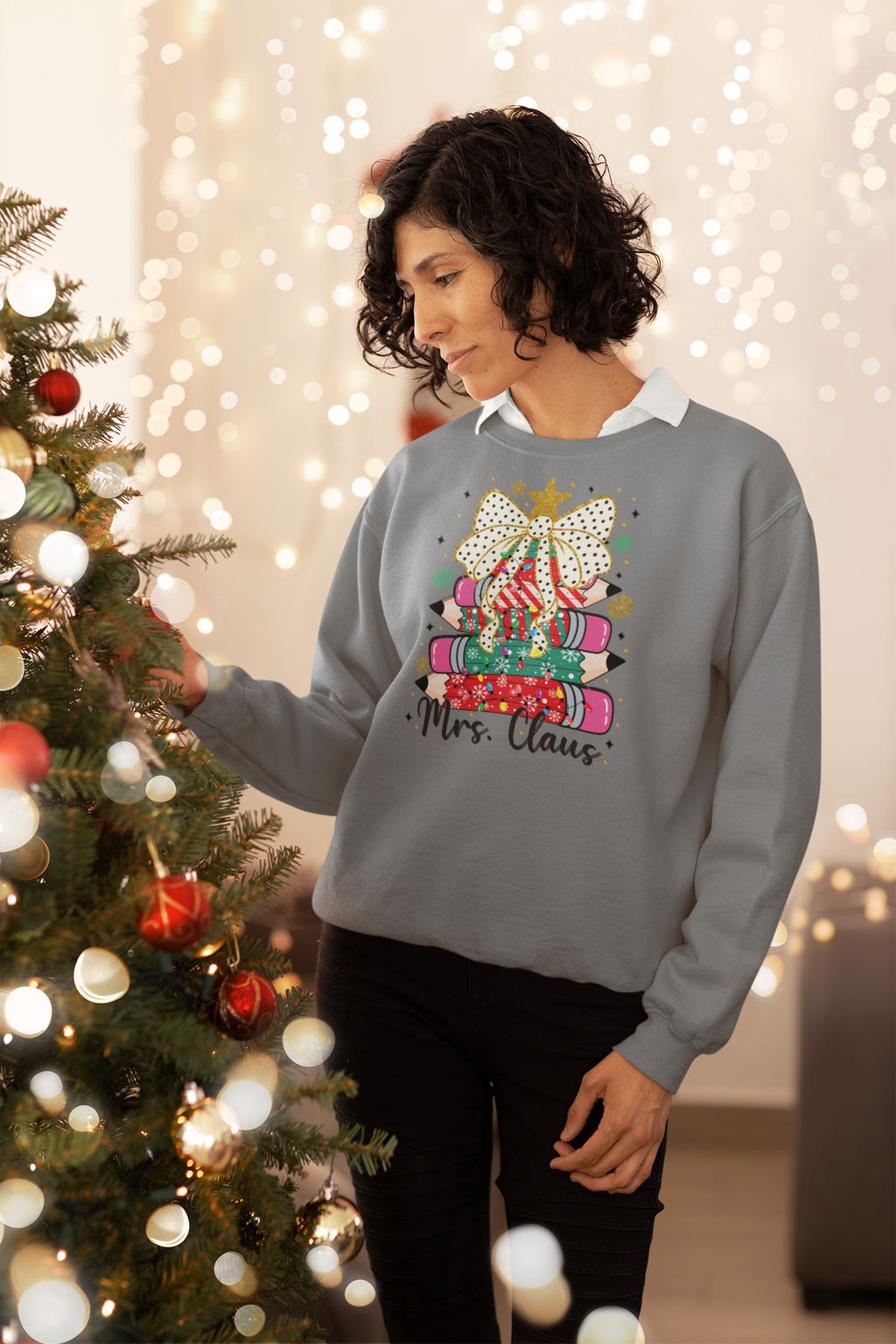 Mrs. Claus Teacher Sweatshirt, Cute Christmas Pencil Tree Design, Holiday Teacher Gift, Festive Classroom Pullover