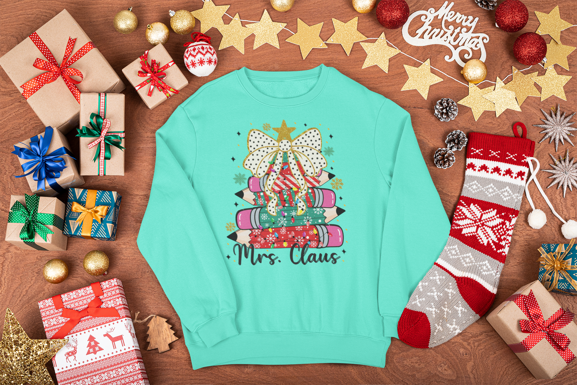 Mrs. Claus Teacher Sweatshirt, Cute Christmas Pencil Tree Design, Holiday Teacher Gift, Festive Classroom Pullover