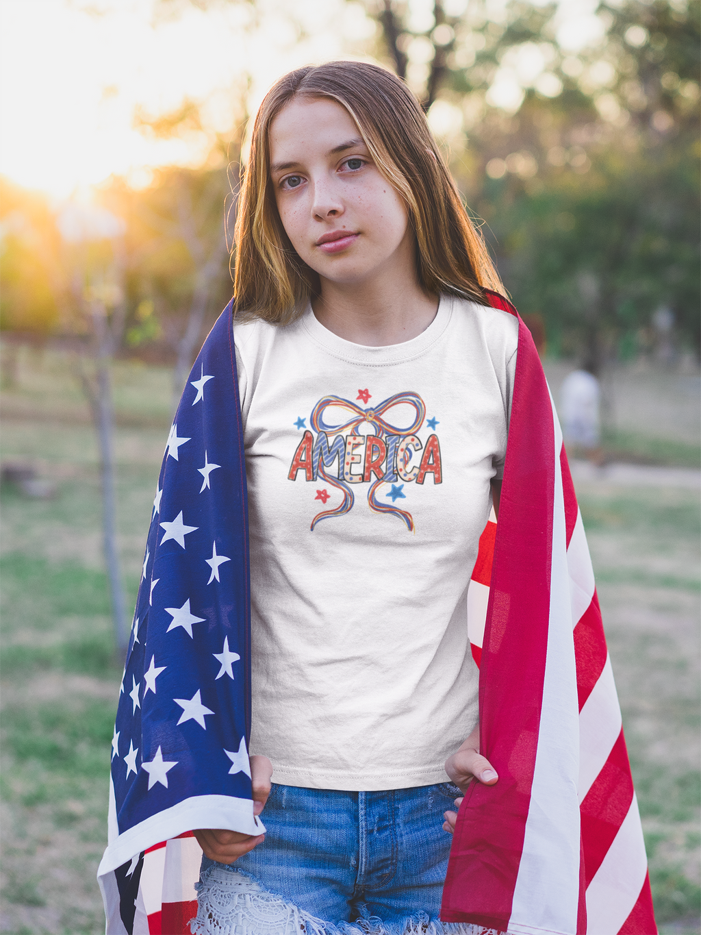 Preppy America Coquette Tee | Patriotic Bow Graphic T-Shirt