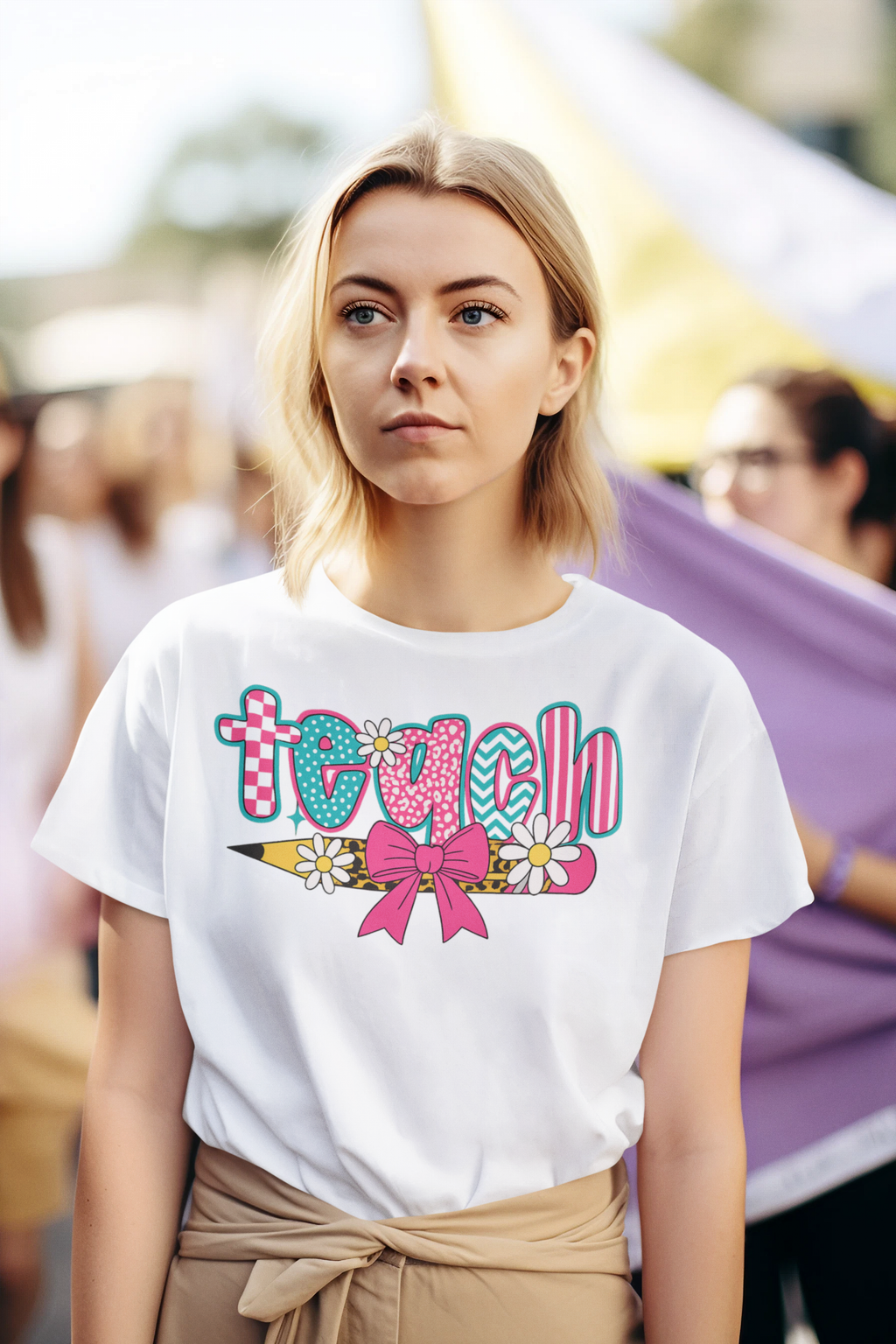 Retro Teacher T-Shirt | Colorful Teach Graphic Tee with Bow & Daisies | Cute Teacher Gift