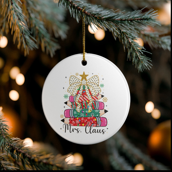 Mrs. Claus Teacher Ornament – Holiday Pencil Tree Decoration