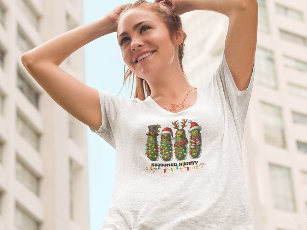 Seasoned & Salty Christmas Pickle T-Shirt | Funny Holiday Shirt, Cute Christmas Tee, Festive Graphic Top, Quirky Gift for Her or Him
