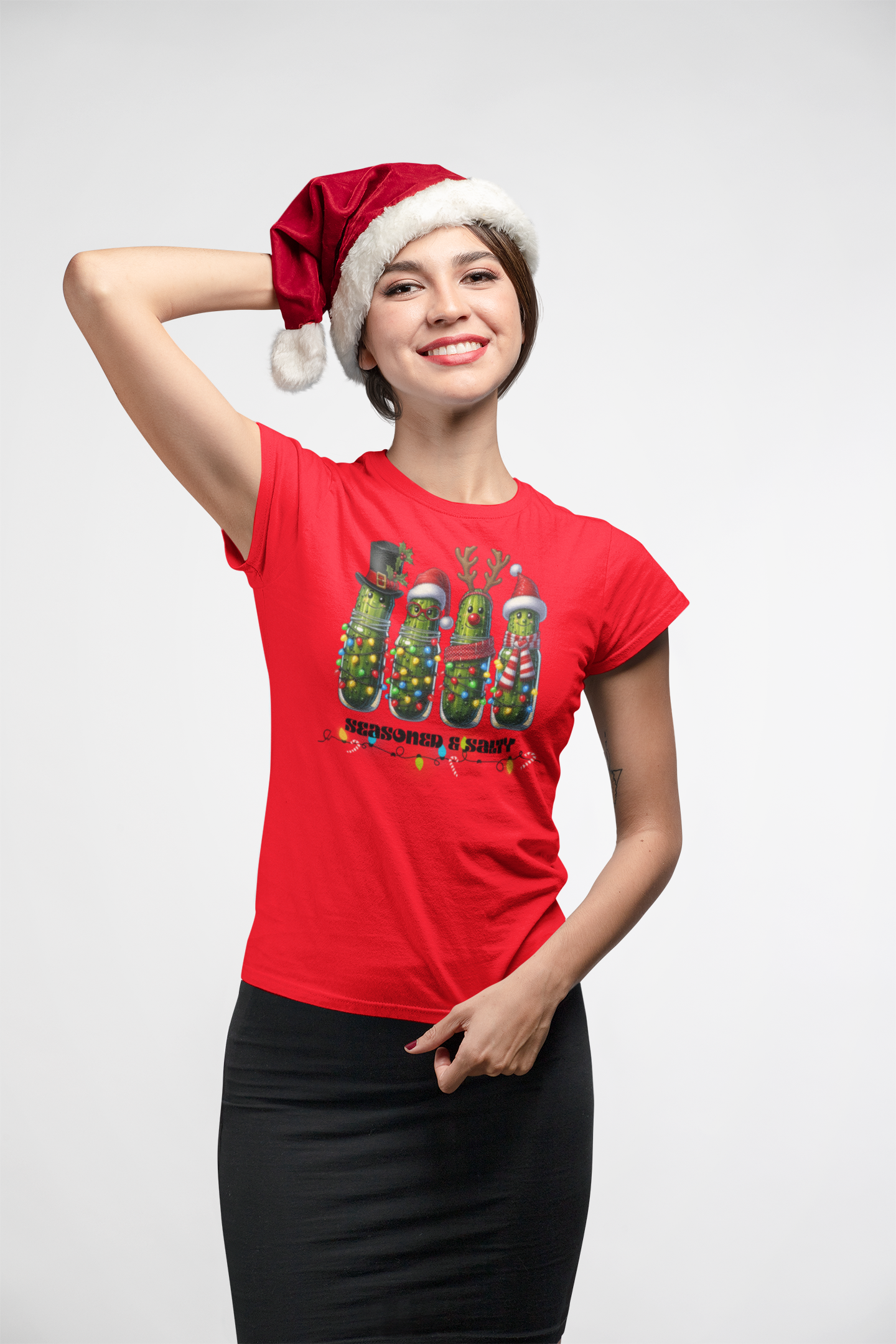 Seasoned & Salty Christmas Pickle T-Shirt | Funny Holiday Shirt, Cute Christmas Tee, Festive Graphic Top, Quirky Gift for Her or Him