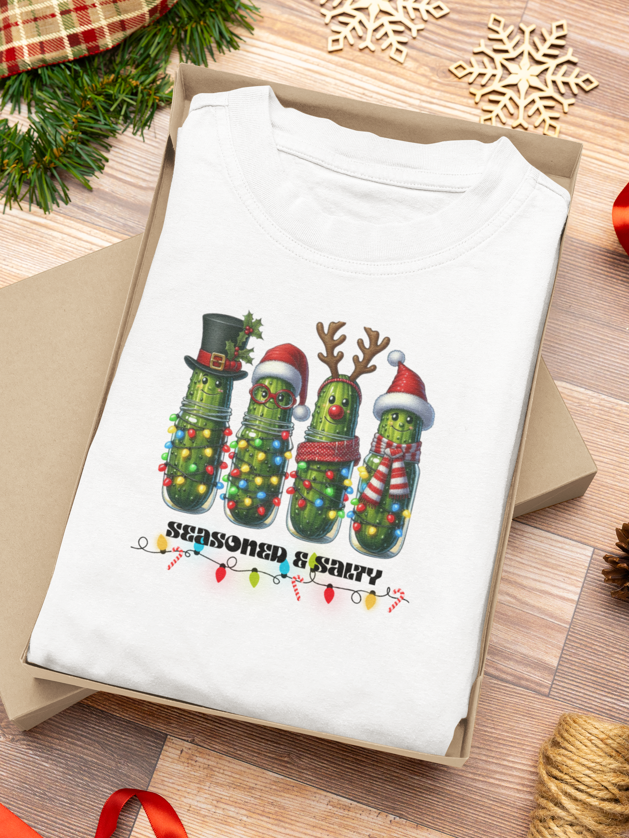 Seasoned & Salty Christmas Pickle T-Shirt | Funny Holiday Shirt, Cute Christmas Tee, Festive Graphic Top, Quirky Gift for Her or Him