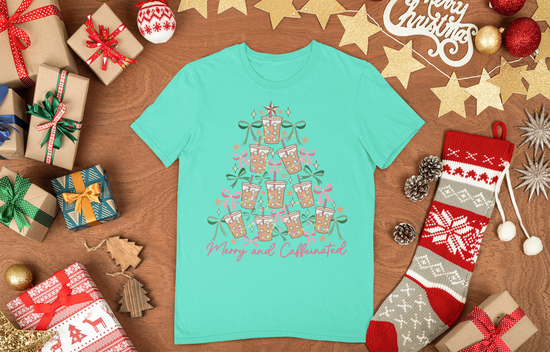 Merry and Caffeinated Shirt – Iced Coffee Christmas Tree Tee, Funny Holiday Shirt for Coffee Lovers, Festive Barista Gift