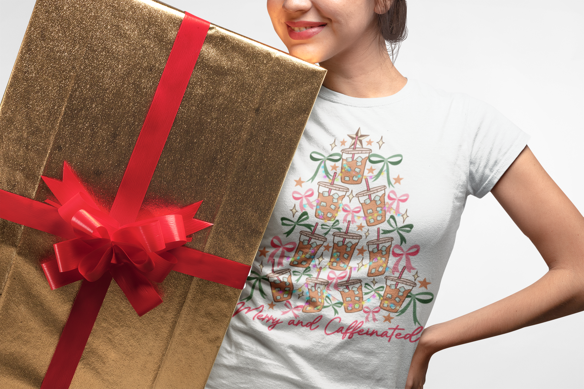 Merry and Caffeinated Shirt – Iced Coffee Christmas Tree Tee, Funny Holiday Shirt for Coffee Lovers, Festive Barista Gift