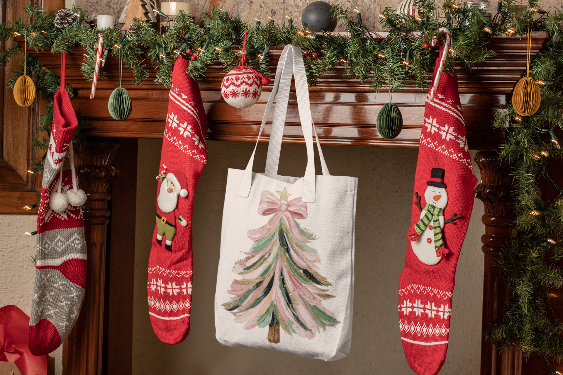 Coquette Christmas Tree Tote – Pink Glitter Canvas Bag for Holidays