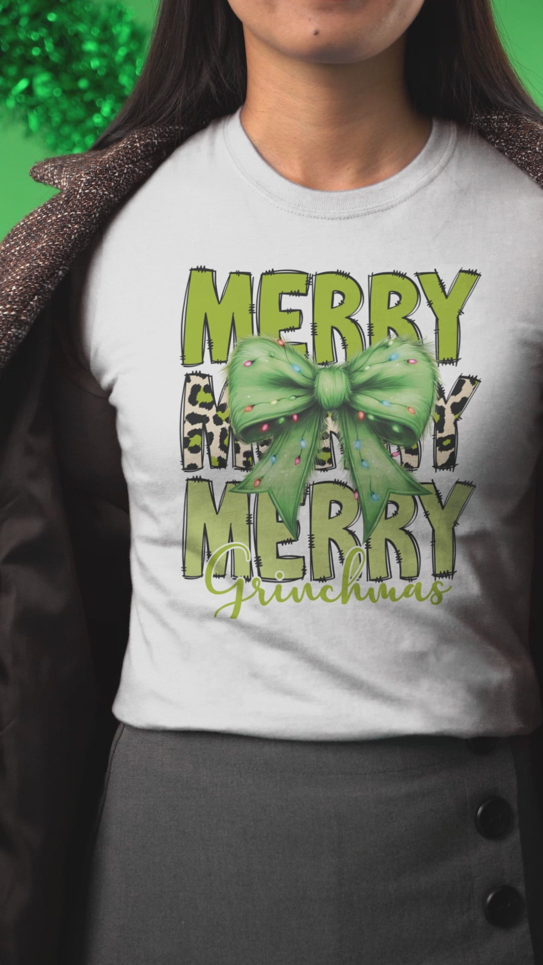 Merry Merry Grinchmas Shirt – Funny Christmas Tee with Leopard Bow