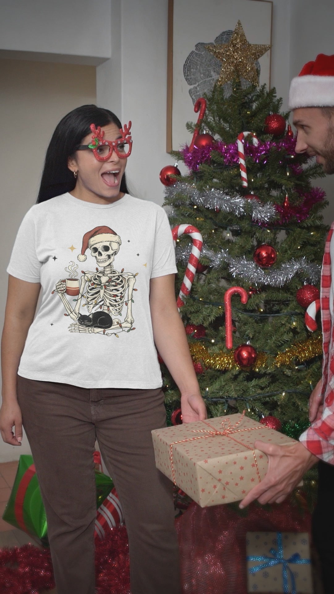 Skeleton Christmas Shirt – Spooky Holiday Shirt with Santa Hat, Coffee, Black Cat & Lights | Funny Cozy Gothic Christmas Tee