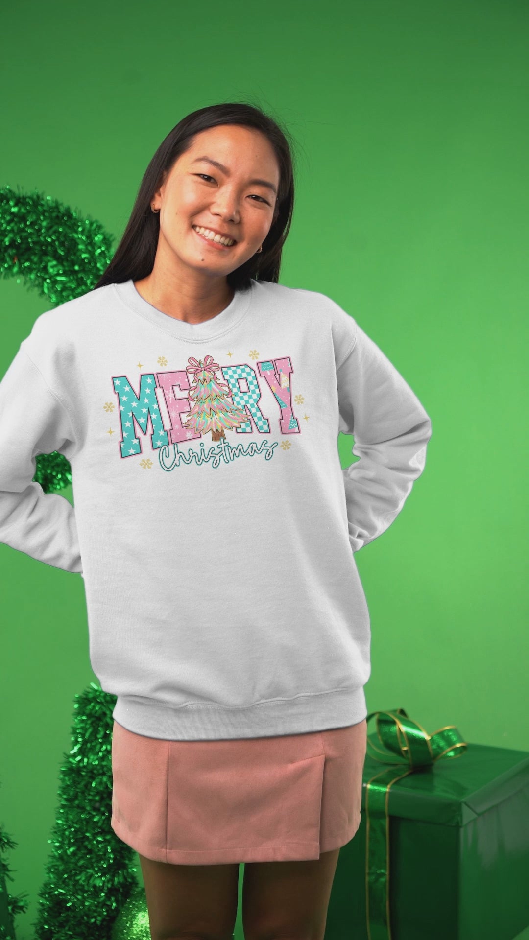 Merry Christmas Sweatshirt | Preppy Pink Christmas Sweater | Cozy Holiday Crewneck for Women